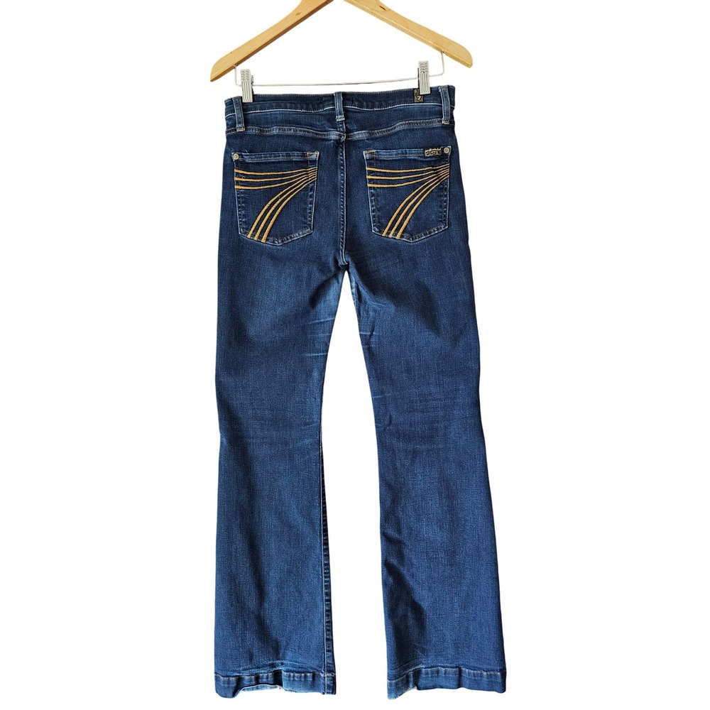 7 For All Mankind Dojo Dark Indigo Flare Jeans Signature Golden Embroidery Sz 30